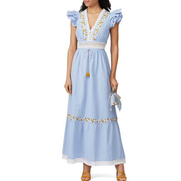 Saylor Yumi Dress Maxi Flutter Sleeve Blue Printed Cotton L - Picture 1 of 9